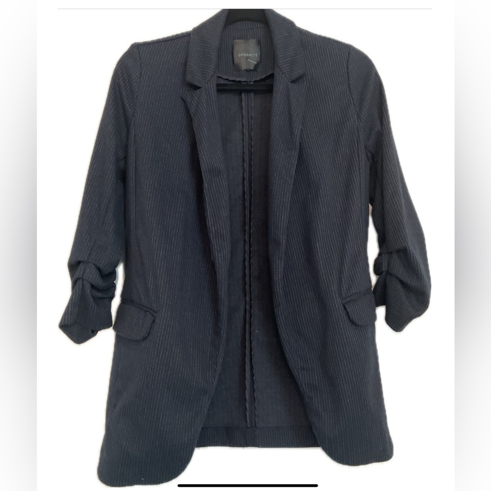 Dynamite, Long Dark Blue Pinstriped Open Blazer.and Pockets.